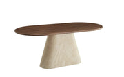 LA MESA DE COMEDOR OURLET CUENTA CON UNA BASE DE MDF CON EFECTO TRAVERTINO Y UN TABLERO CON ASPECTO DE NOGAL QUE COMBINA UN CONTRASTE MODERNO Y UNA ELEGANCIA NATURAL. 180X90X75CM