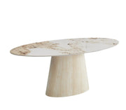 LA MESA DE COMEDOR OVO CUENTA CON UNA BASE METÁLICA Y UNA ENCIMERA CERÁMICA CON EFECTO TRAVERTINO MARRÓN, COMBINANDO DURABILIDAD. MIDE 180X90 CM