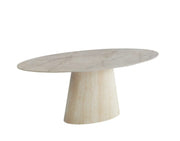 MESA DE COMEDOR OVO CON BASE DE METAL Y TABLERO DE CERÁMICA EFECTO TRAVERTINO SHAKESPEARE GRIS QUE COMBINA ESTILO MODERNO Y DURABILIDAD. MEDIDAS: 180X90X75CM