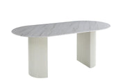 ANNA DINING TABLE FEATURES A BEIGE BASE WITH A BURNT EARTH MARBLE EFFECT CERAMIC TOP COMBING ELEGANCE AND DURABILITY . MESAURING 180X90X75CM