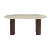LA MESA DE COMEDOR VENEZIA PRESENTA UNA BASE METÁLICA CON EFECTO NOGAL Y UNA CUBIERTA DE CERÁMICA DE TRAVERTINO BRILLANTE, COMBINANDO ELEGANCIA MODERNA Y DURABILIDAD, CON MEDIDAS DE 180X90X75CM.