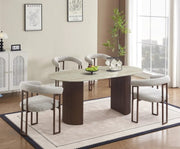 MESA DE COMEDOR ANNA CON BASE METÁLICA EFECTO NOGAL Y CUBIERTA DE CERÁMICA TRAVERTINO BRILLANTE QUE COMBINA ESTILO MODERNO Y DURABILIDAD. MEDIDAS: 180X90X75CM