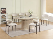 LA MESA DE COMEDOR EXTENSIBLE LOKA CUENTA CON UNA BASE DE MDF CON EFECTO TRAVERTINO Y UNA CUBIERTA DE CERÁMICA DE TRAVERTINO MATE QUE COMBINA UN ASPECTO DE PIEDRA NATURAL CON DURABILIDAD. MIDE 160/200X90X75CM