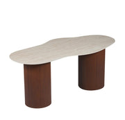MESA DE COMEDOR NIKI CON BASE EFECTO NOGAL Y CUBIERTA DE CERÁMICA TRAVERTINO MATE QUE COMBINA ESTILO MODERNO Y DURABILIDAD, CON MEDIDAS DE 180X90X75CM