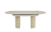 LA MESA DE COMEDOR EXTENSIBLE SAHARA CUENTA CON UNA BASE CON EFECTO TRAVERTINO Y UNA CUBIERTA DE CERÁMICA DE TRAVERTINO BRILLANTE, QUE COMBINAN ELEGANCIA MODERNA Y DURABILIDAD. MIDE 160/200X90X75CM