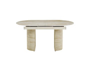LA MESA DE COMEDOR EXTENSIBLE SAHARA CUENTA CON UNA BASE CON EFECTO TRAVERTINO Y UNA CUBIERTA DE CERÁMICA DE TRAVERTINO BRILLANTE, QUE COMBINAN ELEGANCIA MODERNA Y DURABILIDAD. MIDE 160/200X90X75CM