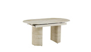 LA MESA DE COMEDOR EXTENSIBLE SAHARA CUENTA CON UNA BASE CON EFECTO TRAVERTINO Y UNA CUBIERTA DE CERÁMICA DE TRAVERTINO BRILLANTE, QUE COMBINAN ELEGANCIA MODERNA Y DURABILIDAD. MIDE 160/200X90X75CM