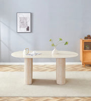 MESA DE COMEDOR ROXY CUENTA CON UNA BASE EFECTO TRAVERTINO CON UNA CUBIERTA DE CERÁMICA TRAVERTINO BRILLANTE, CREANDO UN ASPECTO DE PIEDRA REFINADO Y MODERNO. MEDIDAS 180X90X75CM