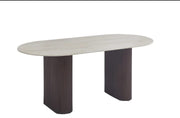ROXY DINING TABLE FEATURES A WALNUT EFFECT METAL BASE WITH A MATTE TRAVERTINE CERAMIC TOP COMBINING MODREN STYLE AND DURABILITY. MEASURING 160X90X75CM