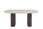 ROXY DINING TABLE FEATURES A WALNUT EFFECT METAL BASE WITH A MATTE TRAVERTINE CERAMIC TOP COMBINING MODREN STYLE AND DURABILITY. MEASURING 160X90X75CM