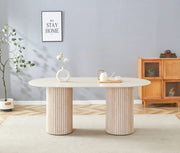 KEYSHA DINING TABLE FEATURES A TRAVERTINE EFFECT BASE WITH A GLOSSY TRAVERTINE CERAMIC TOP CREATING A REFINED AND MODREN STONE LOOK. MEASURING 160X90X75CM