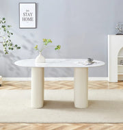 SELENA DINING TABLE FEATURES A BEIGE BASE WITH A WHITE MARBLE EFFECT CERAMIC TOP COMBINING ELEGANCE AND MODREN DESIGN. MEASURING 180X90X75CM