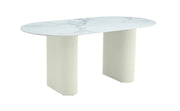 SELENA DINING TABLE FEATURES A BEIGE BASE WITH A WHITE MARBLE EFFECT CERAMIC TOP COMBINING ELEGANCE AND MODREN DESIGN. MEASURING 180X90X75CM