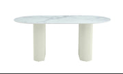 SELENA DINING TABLE FEATURES A BEIGE BASE WITH A WHITE MARBLE EFFECT CERAMIC TOP COMBINING ELEGANCE AND MODREN DESIGN. MEASURING 180X90X75CM