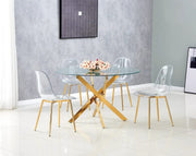 LA MESA DE COMEDOR JESSICA CUENTA CON UNA TAPA TRANSPARENTE CON DETALLES EN DORADO QUE COMBINAN LUJO Y ELEGANCIA MODERNA. MEDIDAS 100X75CM.