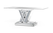 LV DINING TABLE FEATURES A MODREN AND ELEGANT DESIGN WITH GLASS TABLE TOP . MEASURING 180X90X75CM