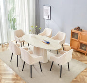 MESA DE COMEDOR OVA CON BASE EFECTO TRAVERTINO Y CUBIERTA DE CERÁMICA TRAVERTINO A JUEGO. 180X90X75CM
