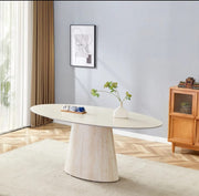 MESA DE COMEDOR OVA CON BASE EFECTO TRAVERTINO Y CUBIERTA DE CERÁMICA TRAVERTINO A JUEGO. 180X90X75CM