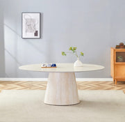 MESA DE COMEDOR OVA CON BASE EFECTO TRAVERTINO Y CUBIERTA DE CERÁMICA TRAVERTINO A JUEGO. 180X90X75CM