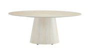 MESA DE COMEDOR OVA CON BASE EFECTO TRAVERTINO Y CUBIERTA DE CERÁMICA TRAVERTINO A JUEGO. 180X90X75CM