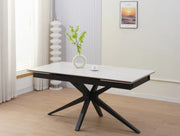 MESA DE COMEDOR EXTENSIBLE TONIA, CON BASE DE METAL NEGRO Y TABLERO CERÁMICO BLANCO EFECTO TRAVERTINO, QUE COMBINA ELEGANCIA MODERNA Y DURABILIDAD. 160/240X90X76CM