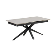 MESA DE COMEDOR EXTENSIBLE TONIA, CON BASE DE METAL NEGRO Y TABLERO CERÁMICO BLANCO EFECTO TRAVERTINO, QUE COMBINA ELEGANCIA MODERNA Y DURABILIDAD. 160/240X90X76CM