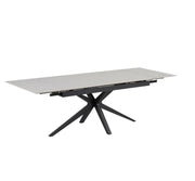 MESA DE COMEDOR EXTENSIBLE TONIA, CON BASE DE METAL NEGRO Y TABLERO CERÁMICO BLANCO EFECTO TRAVERTINO, QUE COMBINA ELEGANCIA MODERNA Y DURABILIDAD. 160/240X90X76CM