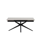 MESA DE COMEDOR EXTENSIBLE TONIA, CON BASE DE METAL NEGRO Y TABLERO CERÁMICO BLANCO EFECTO TRAVERTINO, QUE COMBINA ELEGANCIA MODERNA Y DURABILIDAD. 160/240X90X76CM