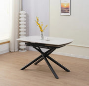 MESA DE COMEDOR EXTENSIBLE NYSA CON BASE DE METAL NEGRO Y TAPA DE CERÁMICA BLANCA TRAVERTINO 129/189X89X76CM