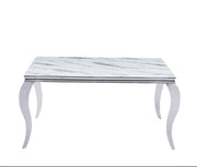 MESA DE COMEDOR BARROCA CON BASE PLATEADA Y TAPA EFECTO MÁRMOL BLANCO DE 150X90X75CM