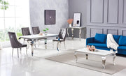 BAROQUE DINING TABLE FEATURES A SILVER BASE WITH A WHITE RESIN TOP COMBINING CLASSIC ELEGANCE WITH MODREN DURABILITY 180X90X75CM