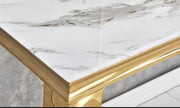 BAROQUE DINING TABLE FEATURES A GOLD BASE WITH A WHITE MARBLE EFFECT TOP COMBINING CLASSIC 150X90X75CM