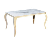 BAROQUE DINING TABLE FEATURES A GOLD BASE WITH A WHITE MARBLE EFFECT TOP COMBINING CLASSIC 150X90X75CM