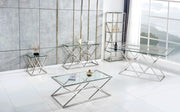 MESA DE COMEDOR TRIANGULAR CON BASE PLATEADA DE DISEÑO GEOMÉTRICO MODERNO 180X90X75CM