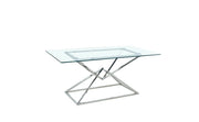 PYRAMIDE DINING TABLE FEATURES A SILVER BASE WITH A TRANSPARENT GLASS TOP COMBINING MODREN GEOMETRIC DESIGN AND ELEGANCE 150X90X75