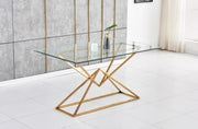 MESA DE COMEDOR PYRAMIDE CON BASE DORADA Y TAPA DE CRISTAL TRANSPARENTE QUE COMBINA ESTILO Y ELEGANCIA MODERNA 150X90X75CM
