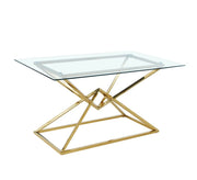 MESA DE COMEDOR PYRAMIDE CON BASE DORADA Y TAPA DE CRISTAL TRANSPARENTE QUE COMBINA ESTILO Y ELEGANCIA MODERNA 150X90X75CM