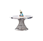 LA MESA DE COMEDOR DE LUJO CUENTA CON UNA BASE PLATEADA Y UN TABLERO CON EFECTO MÁRMOL BLANCO QUE COMBINAN LA ELEGANCIA MODERNA Y EL ESTILO REFINADO 130X75CM