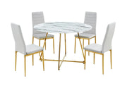 HELOISE ROUND DINING TABLE FEAUTRES GOLD LEGS WITH A WHITE MARBLE EFFECT TOP COMBINING ELEGANCE AND MODREN LUXURY 120X75CM
