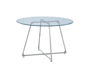HELOISE ROUND DINING TABLE FEATURES ROSE SILVER LEG WITH A TRANSPARENT GLASS TOP COMBINING MODREN ELEGANCE 120X75CM