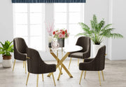 JESSICA DINING TABLE FEATURES A GOLD BASE WITH A TRANSPARENT GLASS TOP COMBINING SLEEK MODREN DESIGN 120X75CM
