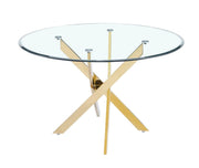 JESSICA DINING TABLE FEATURES A GOLD BASE WITH A TRANSPARENT GLASS TOP COMBINING SLEEK MODREN DESIGN 120X75CM