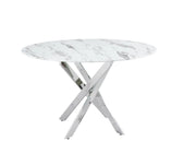 JESSICA DINING TABLE FEATURES A WHITE MARBLE EFFECT GLASS TOP COMBINING ELEGNACE 100X75CM