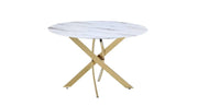 JESSICA DINING TABLE FEATURES A WHITE MARBLE EFFECT GLASS TOP COMBINING ELEGNACE GOLD LEGS 100X75CM
