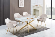 MESA DE COMEDOR RECTANGULAR JESSICA CON BASE DORADA Y TAPA CON EFECTO MÁRMOL QUE COMBINA ELEGANCIA 150X90CM
