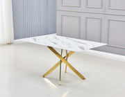 MESA DE COMEDOR RECTANGULAR JESSICA CON BASE DORADA Y TAPA CON EFECTO MÁRMOL QUE COMBINA ELEGANCIA 150X90CM