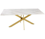 MESA DE COMEDOR RECTANGULAR JESSICA CON BASE DORADA Y TAPA CON EFECTO MÁRMOL QUE COMBINA ELEGANCIA 150X90CM