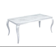 BAROQUR DINING TABLE FEATURES A SILVER BASE A WHITE MARBLE EFFECT TOP COMBINING CLASSIC ELEGNACE 180X90X75CM