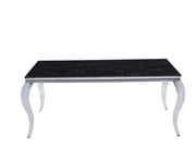 BARQUE DINING TABLE FEATURES A SILVER BASE WITH  A BLACK MARBLE EFFECT YOP COMBINING CLASSIC ELEGNACE . 150X90X75CM