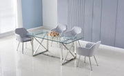 KENSY DINING TABLE FEATURES A SILVER BASE WITH A TRANSPARENT GLASS TOP COMBINING SLEEK MODREN DESIGN AND ELEGANCE 180X90X75CM